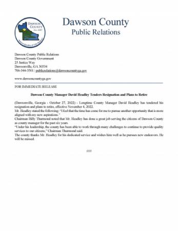 Press Release - Dawson County Manager David Headley Tenders Resignation and Plans to Retire